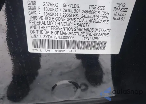 2020 Acura Mdx Standard из США, поврежденный, VIN 5J8YD4H37LL009005